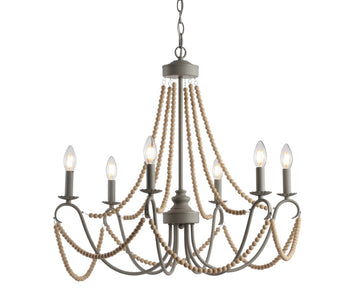 Rustica 27" Adjustable Greige Metal/Wood Bead LED Chandelier - JONATHAN Y